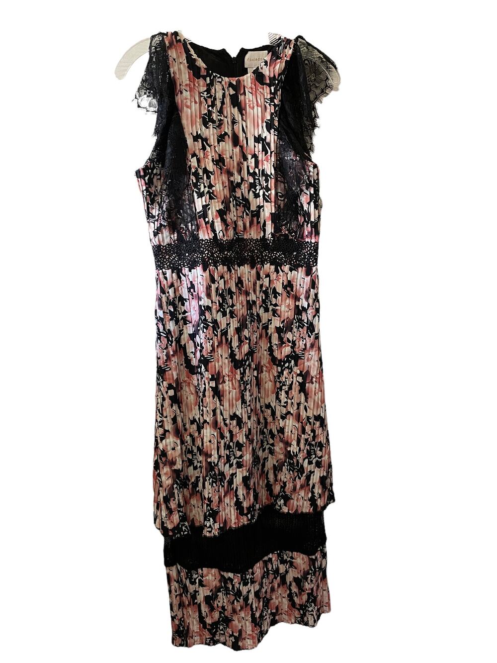 New FOXIEDOX Lace Trim Pleated Floral Midi Dress Womens XS Feminine Cottagecore